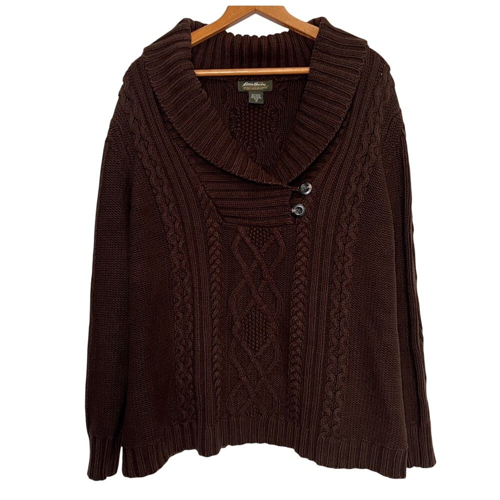 Eddie Bauer Cable Knit Sweater Women’s Plus Size 3X Chocolate Brown Shawl Collar